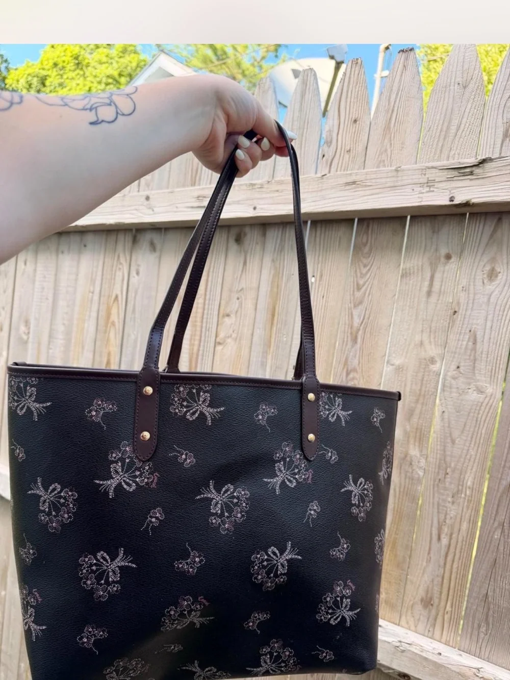 Coach Black Floral Leather Tote with Pink Accents